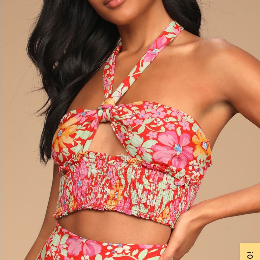 Red Multi Floral Print Smocked Halter Crop Top